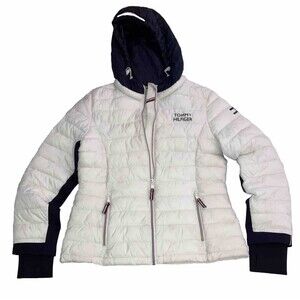 VTG Tommy Hilfiger Jacket Women's Sz M White Blue Puffer Hooded Full Zip Up READ